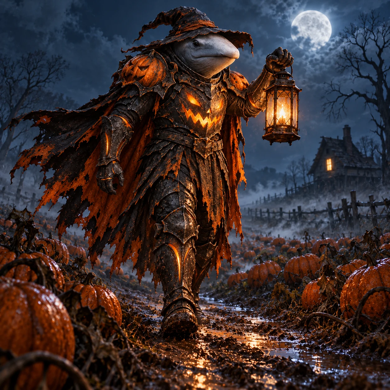 Hallowhale exploring a moonlit pumpkin field with a lantern