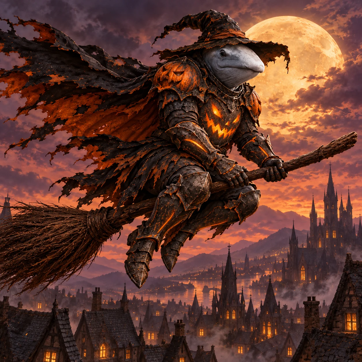Hallowhale riding a broom over a gothic town