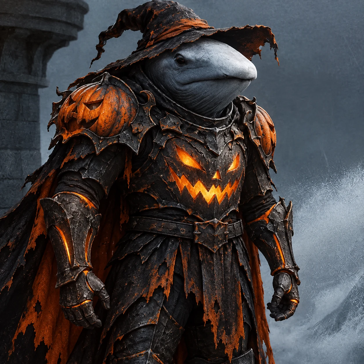 Hallowhale in glowing pumpkin armor and a witch hat