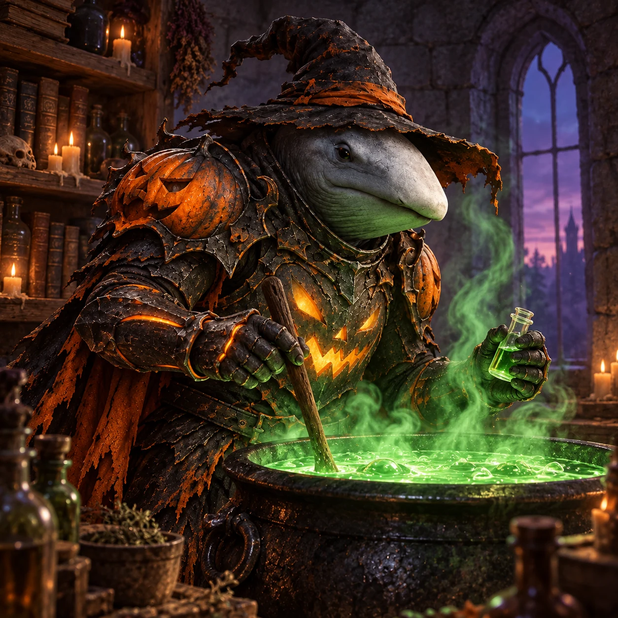 Hallowhale stirring a glowing green potion